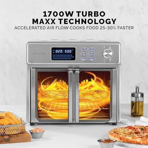Kalorik MAXX Air Fryer Oven, 26 Quart 10-in-1 Countertop Toaster Oven & Air Fryer Combo - Fry, Bake, Roast, Rotisserie, & More, Large Glass French Doors & 9 Accessories, 1700-Watts, Stainless Steel