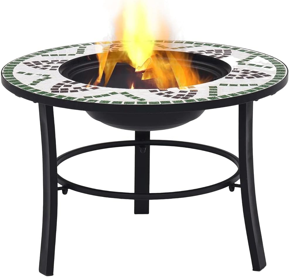 Mosaic Fire Pit Green Steel Fire Pit Bowl with Grid and Tabletop for Outdoor Heating and BBQ Use 26.8