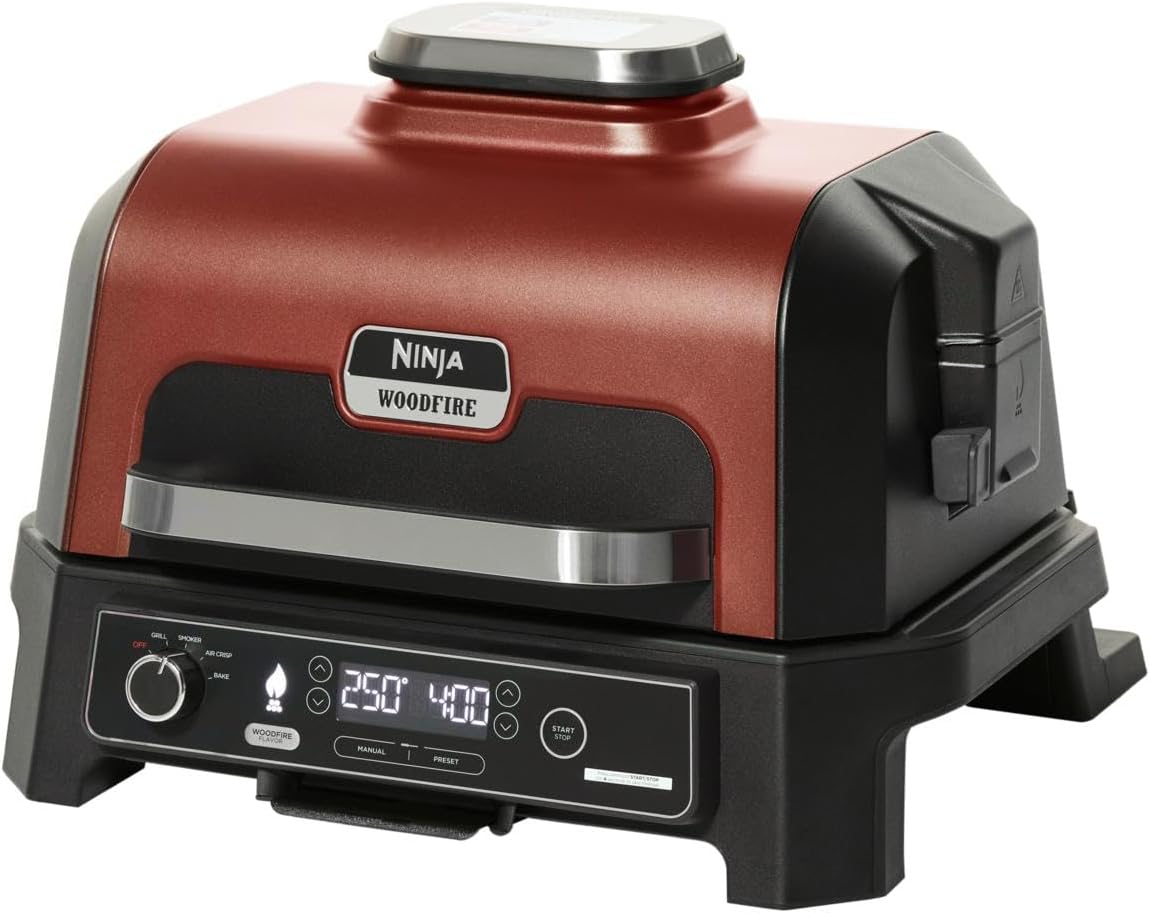 Ninja Woodfire ProXL Outdoor Grill & Smoker, Thermometer, 4-in-1 Master Grill, BBQ Smoker, Outdoor Air Fryer, Bake, Portable, Electric Grill (Renewed) (Cinnamon)