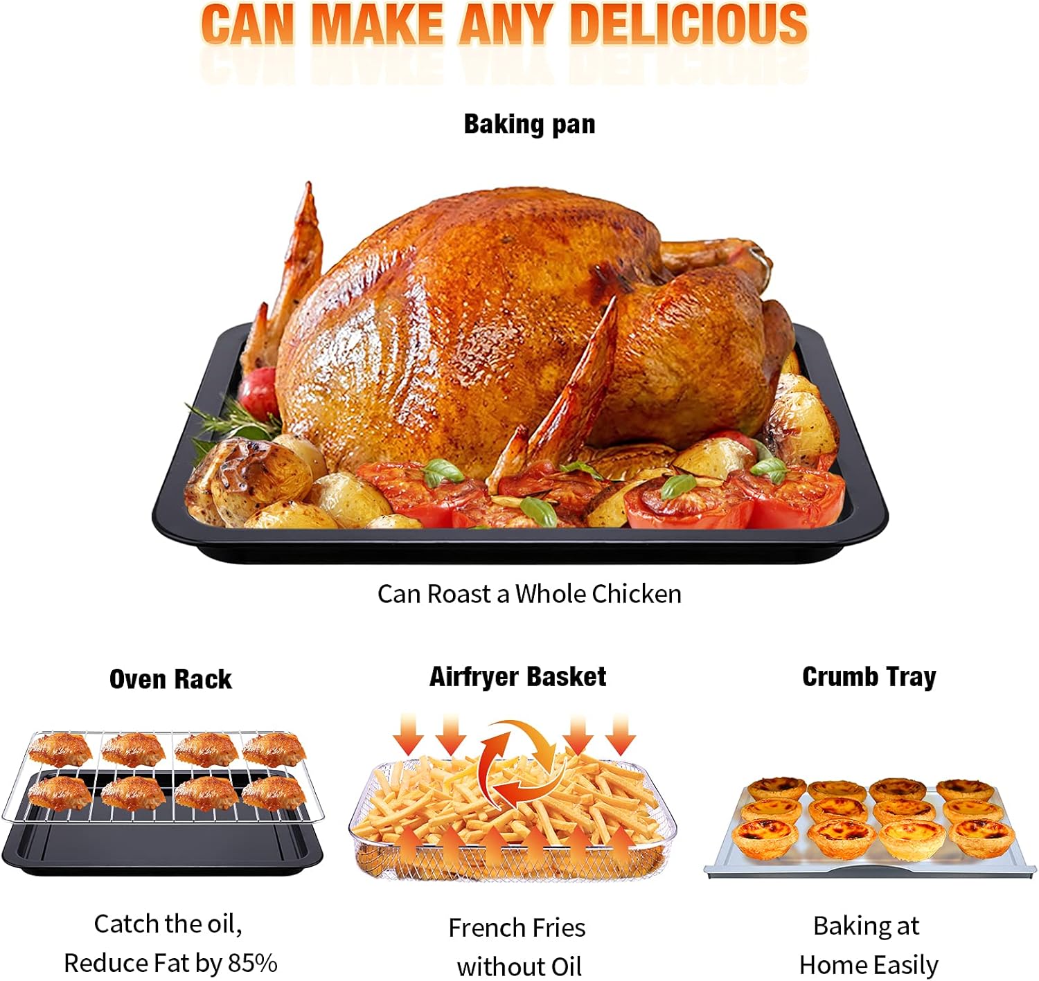 Geek Chef Air Fryer Toaster Oven 26 QT, Large AirFryer Convection Countertop Oven Combo with Easy Bake, Roast, Broil, Warm, 6 Slice Toast 7-in-1 Functions, 3 Layers with 4 Accessories,Stainless Steel