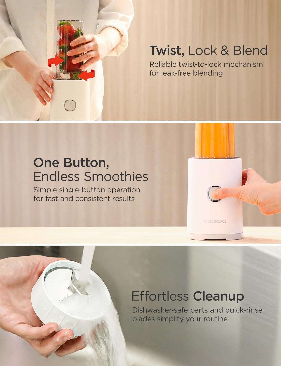 CUCKOO One-Touch Personal Blender and Food Mixer, Portable Smoothie Blender with 2 Containers & 2 Blade Types, Ideal for Protein Shakes Smoothies & More, ETL Certified, White (CFM-D60W)