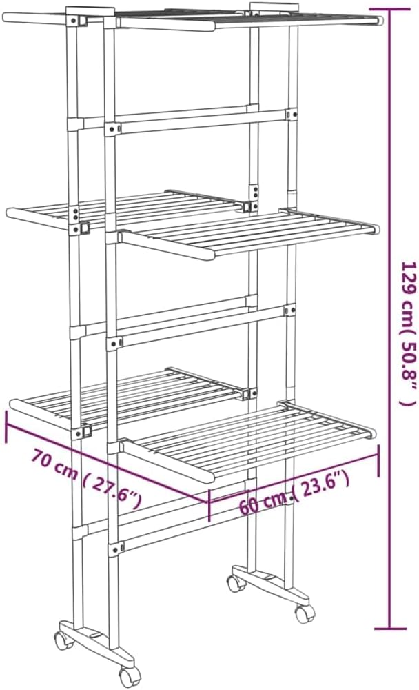 vidaXL Foldable 3-Tier Laundry Drying Rack with Wheels in Silver - Compact Aluminium Clothes Drying Stand, Ideal for Limited Space, Easy Assembly Required