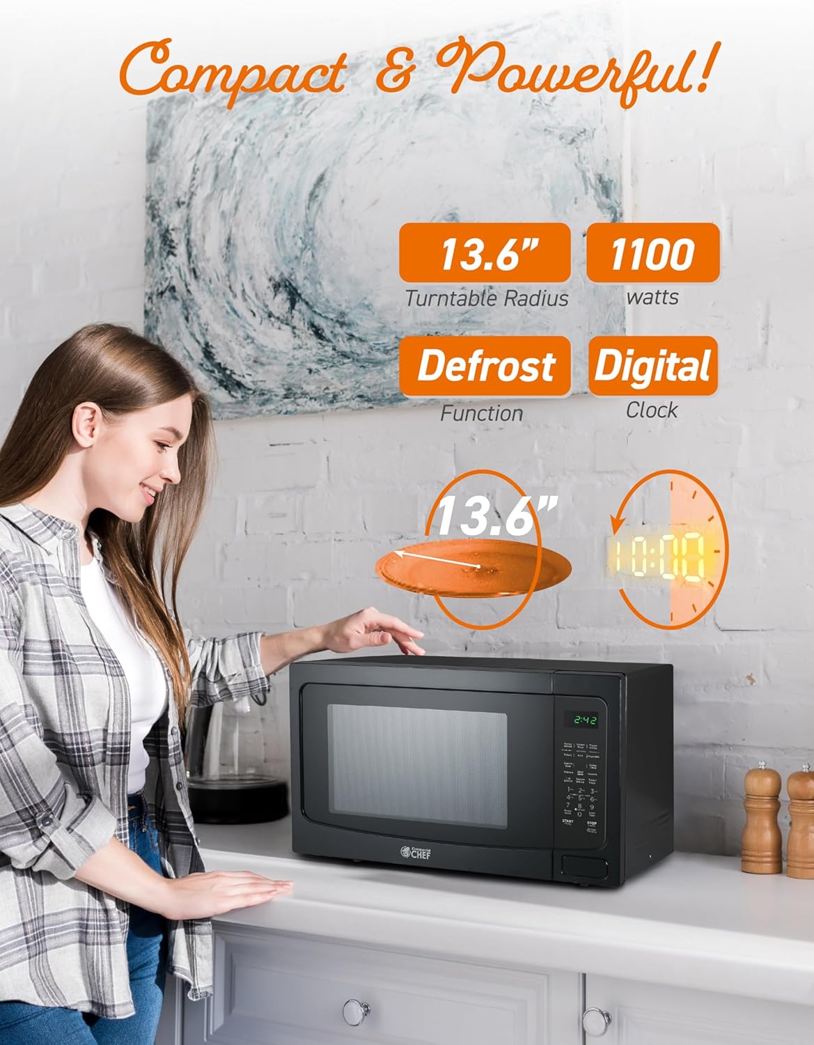 COMMERCIAL CHEF 1.6 Cubic Foot Microwave with 10 Power Levels, Small Microwave with Push Button Child Safety Lock, 1100 Watt Microwave with Digital Control Panels, Countertop Microwave & Timer, Black