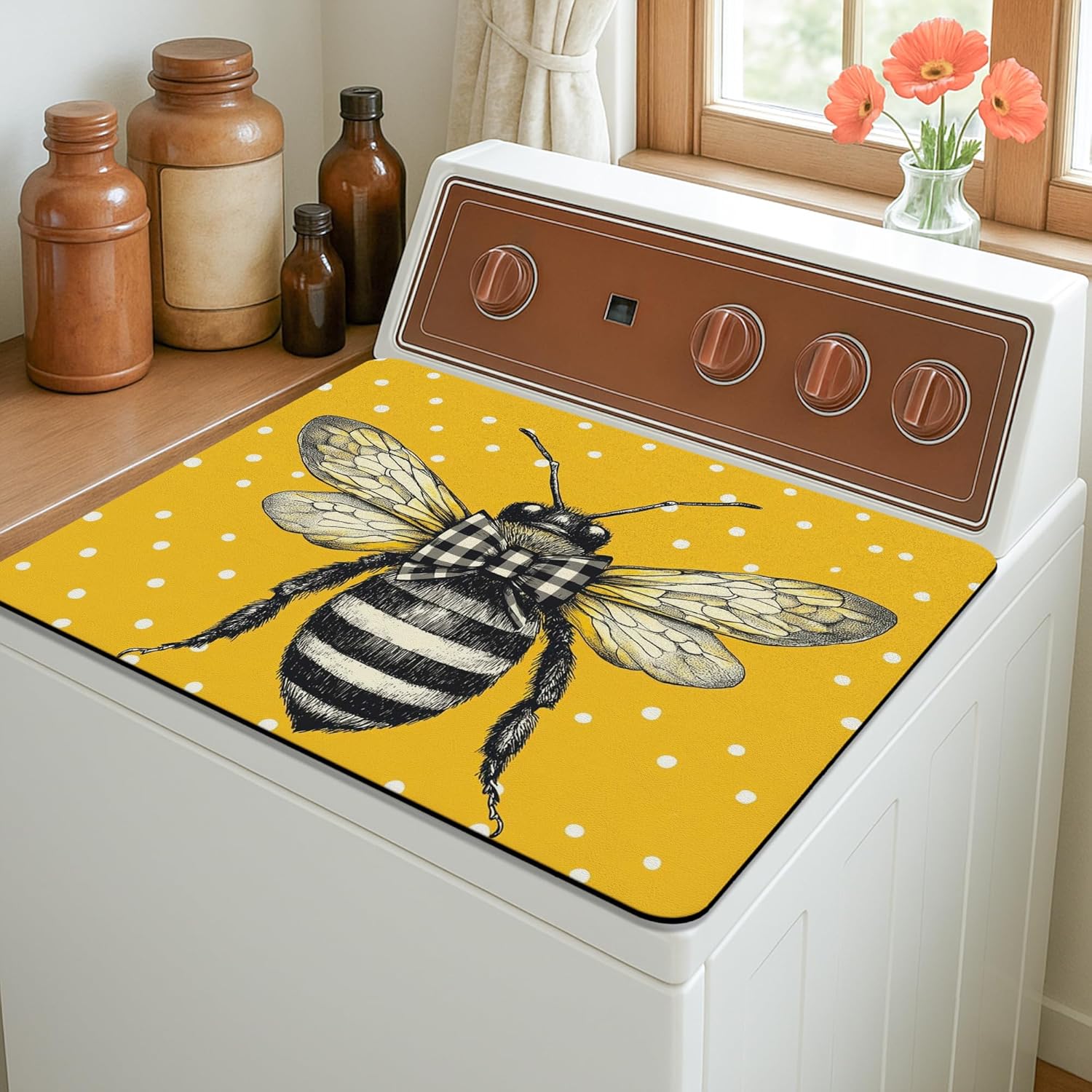 Bee Themed Washer Dryer Top Protector Mat, Vintage Illustrated Bee Laundry Machine Cover, Yellow Seasonal Dust Proof Rubber Anti-slip Waterproof Mats for Laundry Room 20x24 Inch