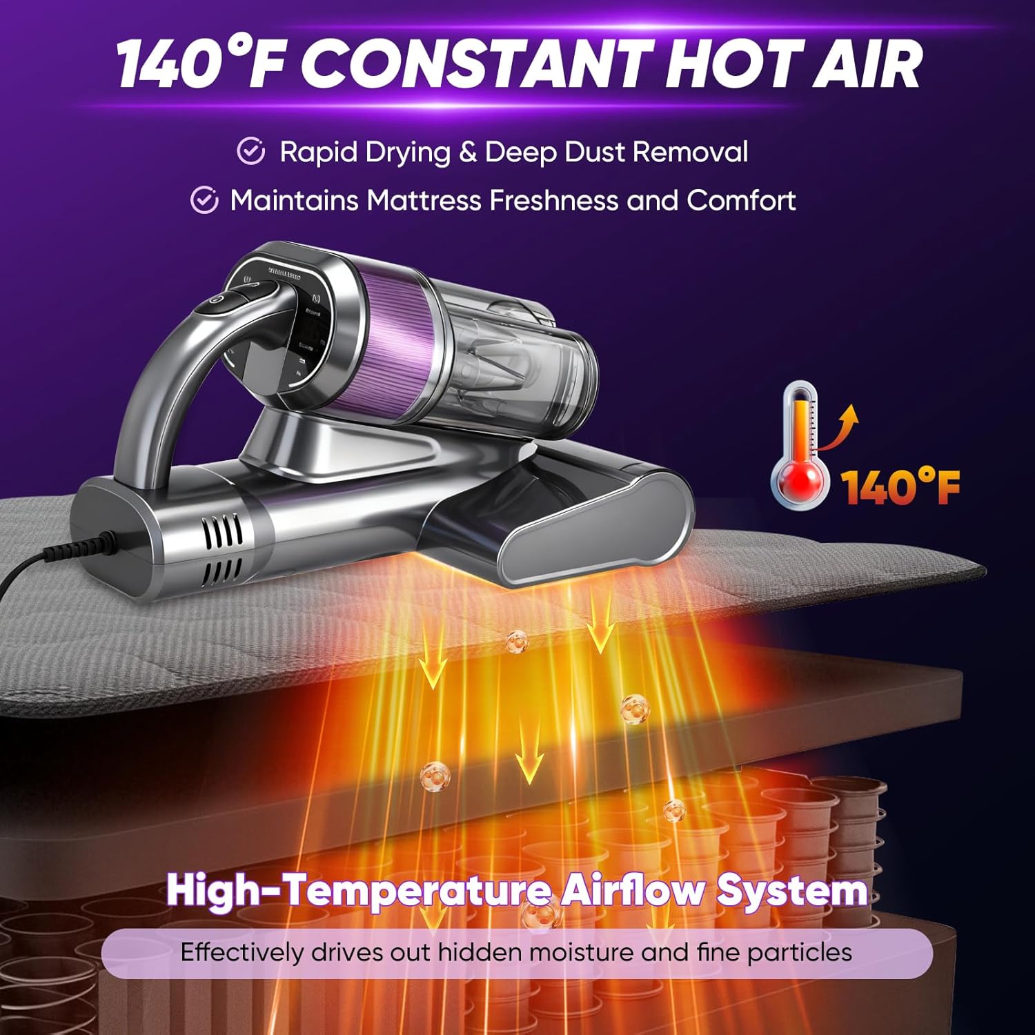 Saker Mattress Vacuum Cleaner, Handheld Bed Vacuum with 16KPa Suction, UV-C Light, 140°F Heated Air, HEPA Filter, Aroma Function, 16.4FT Cord for Cleaning Bed, Sofa, and Couch