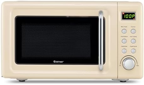 COSTWAY Microwave Countertop, 0.7Cu.ft Microwave Ovens with 5 Micro Power, Delayed Start Function Glass Turntable & Viewing Window, LED Display, Child Lock, Mini Microwave for Small Place (Beige)