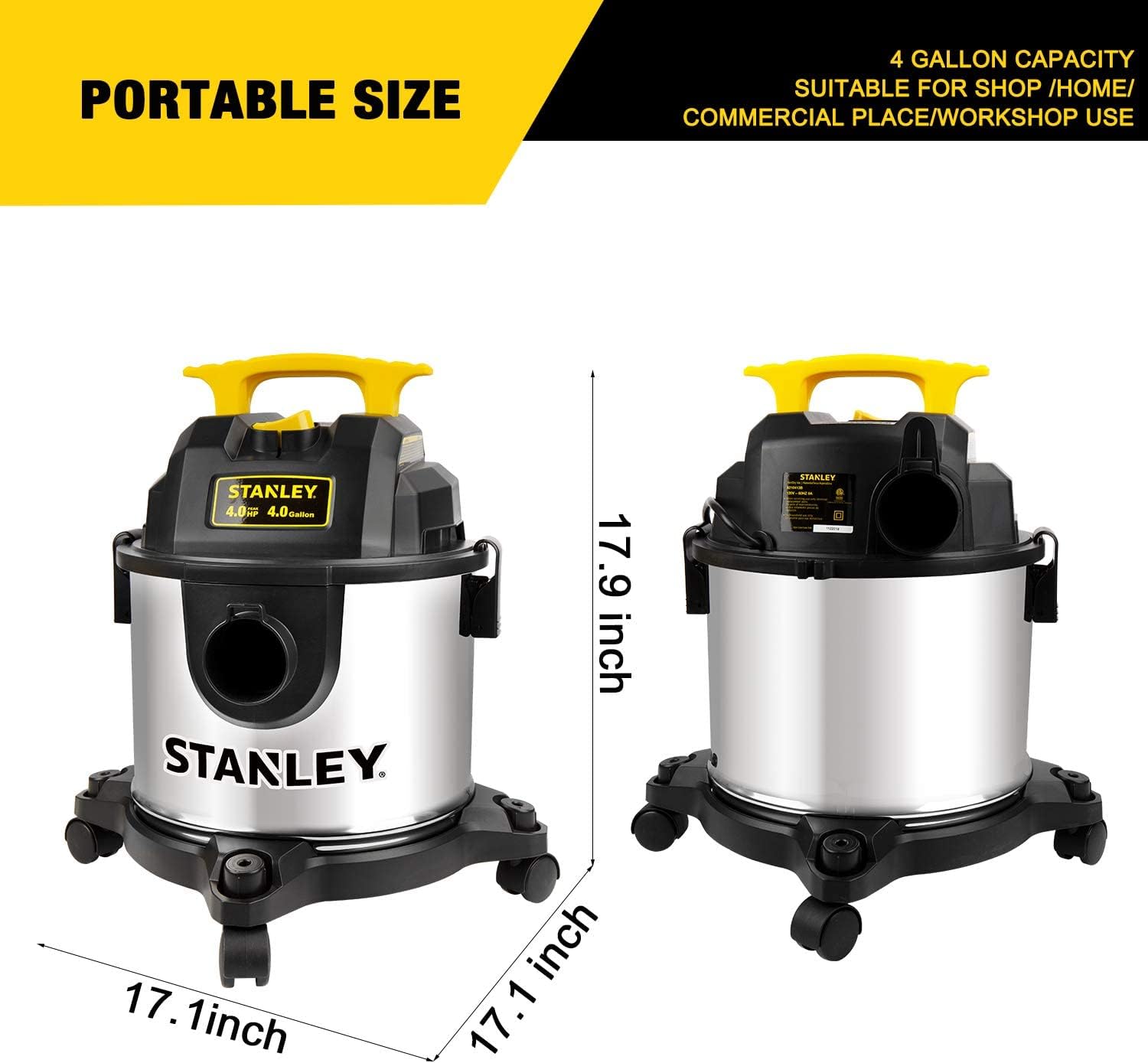STANLEY 4 Gallon Wet Dry Vacuum, 4 Peak HP Stainless Steel 3 in 1 Shop Vacuum Blower with Powerful Suction, Vacuum for Job Site, Garage, Basement, Workshop, Top Handle, Portable Wet Dry Vac SL18301-4B