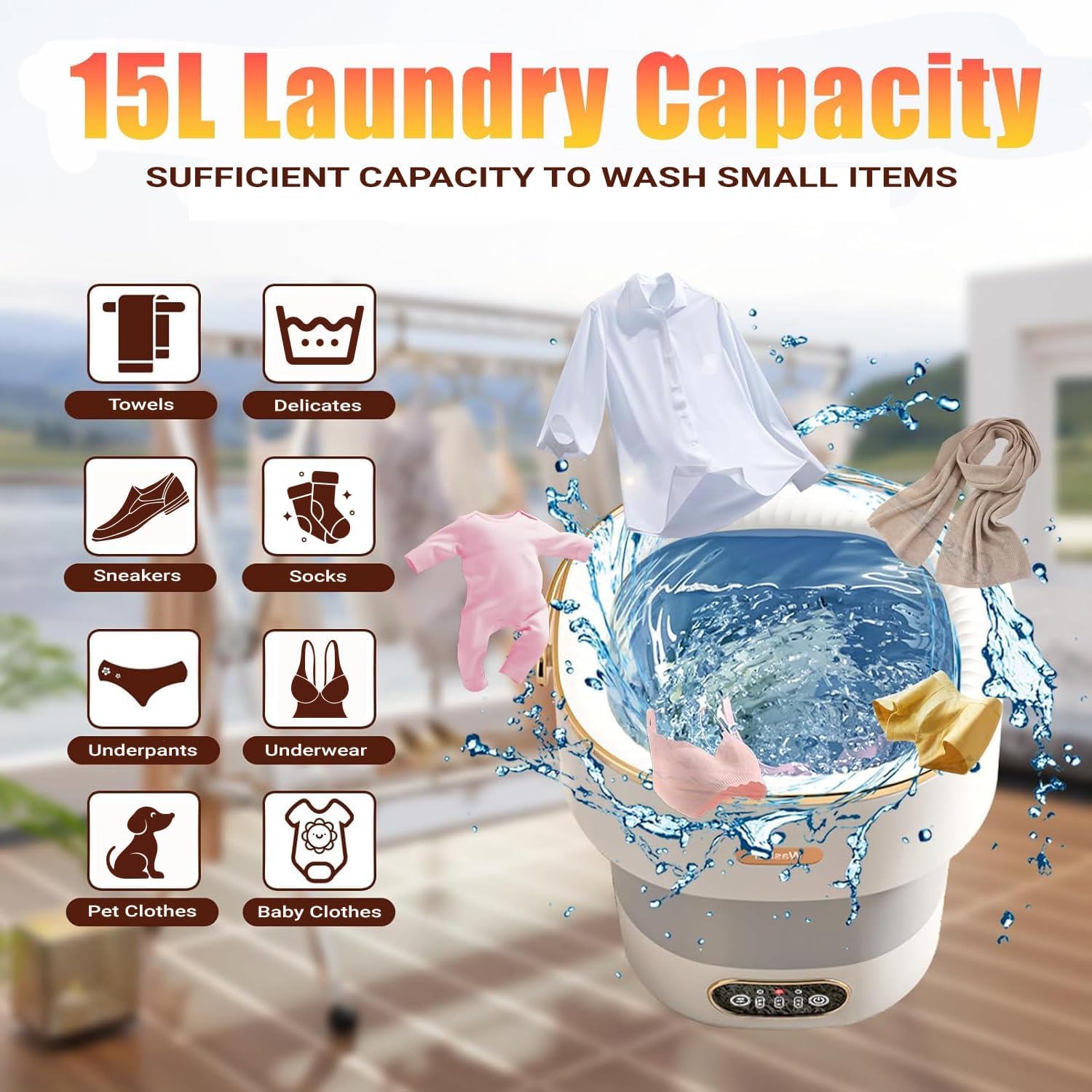 Portable Mini Washing Machine 15L_Foldable Automatic Washer, Spin Dryer & Touchscreen Control_Compact Laundry Machine for Small Clothes, Underwear, Socks; Suitable for Apartments, Travel & Dorms