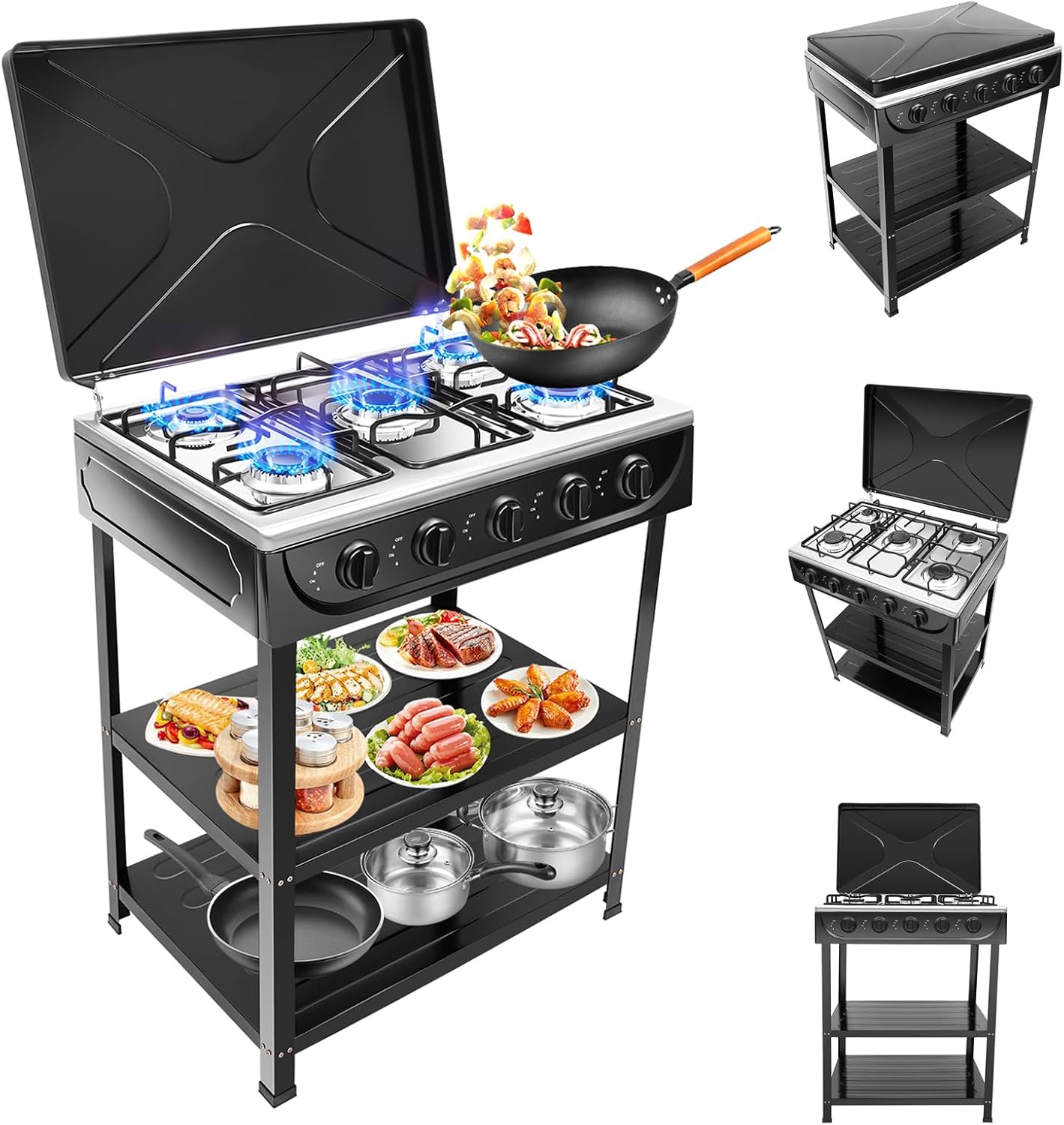 Gas Stove 5 Burner, 2500W Portable Grill BBQ Gas Stove Outdoor Camping Cooking BBQ Grill with 2-Tier Storage Rack for Motorhome Travel and Outdoor Cooking (Black)