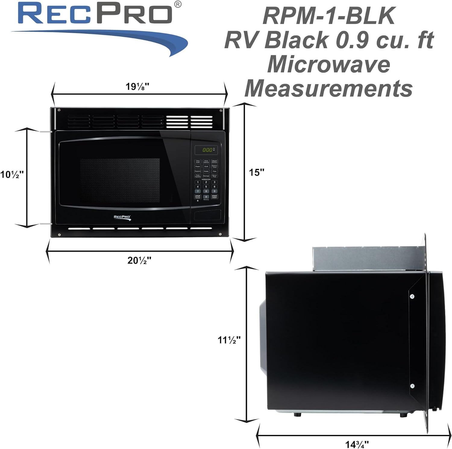 RecPro RV Microwave with Trim Kit | 1.0 Cu. Ft. | 900W | Direct replacement for Greystone and High Pointe (Black)