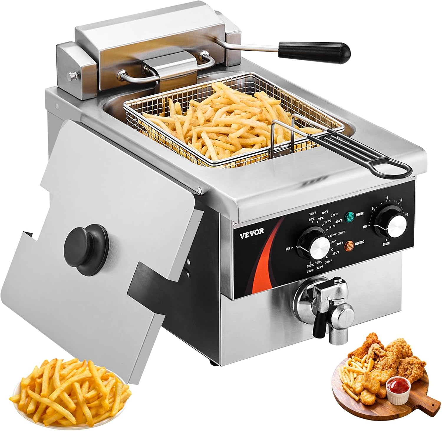 VEVOR Commercial Deep Fryer, 9Qt /8.5 L Single Oil Fryer, 1mm Thickened Stainless Steel, 1750W Electric Countertop Fryer with Basket, Time & Temp Control, for Kitchen Restaurant Use, Silver