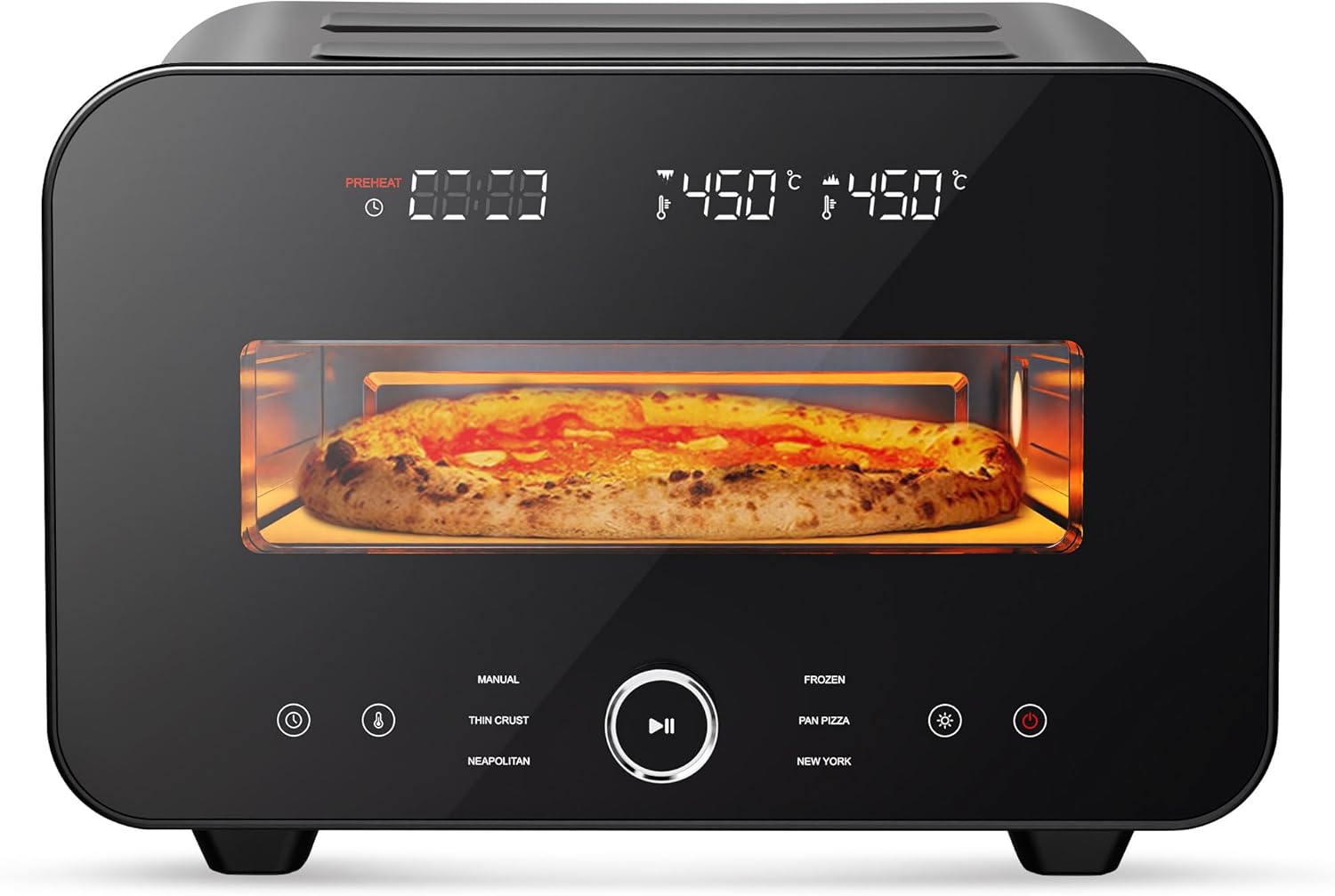 Pizza Oven Indoor, Makes 12 Inch Pizzas in 90 Seconds, 840°F Countertop Electric Pizza Maker with 6 Preset Modes, Pizza Stone, Peel & Touchscreen Controls - Stainless Steel