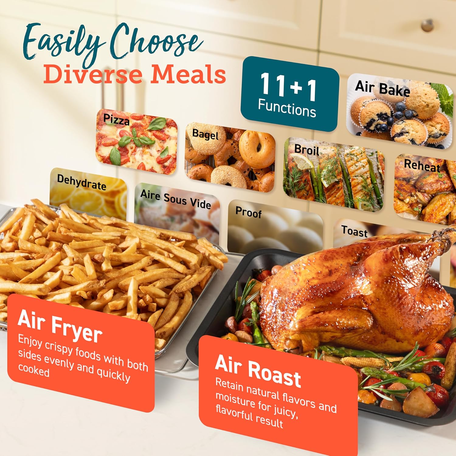 COSORI 11-in-1 Ceramic Air Fryer Toaster Oven Combo, Flat-Sealed Heating Elements for Easy Cleanup, Innovative Burner Function, 5 Accessories & Recipes, 26QT, Silver, Stainless Steel