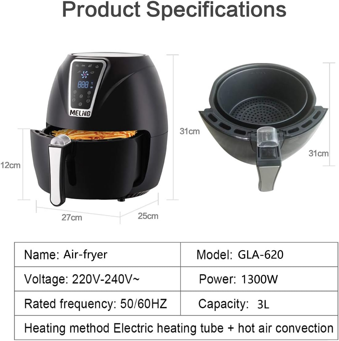 Air Fryer 3L Small Air Fryer Oven Kitchen Appliance Oil Free Air Cooker Fryer Electric (BLACK)