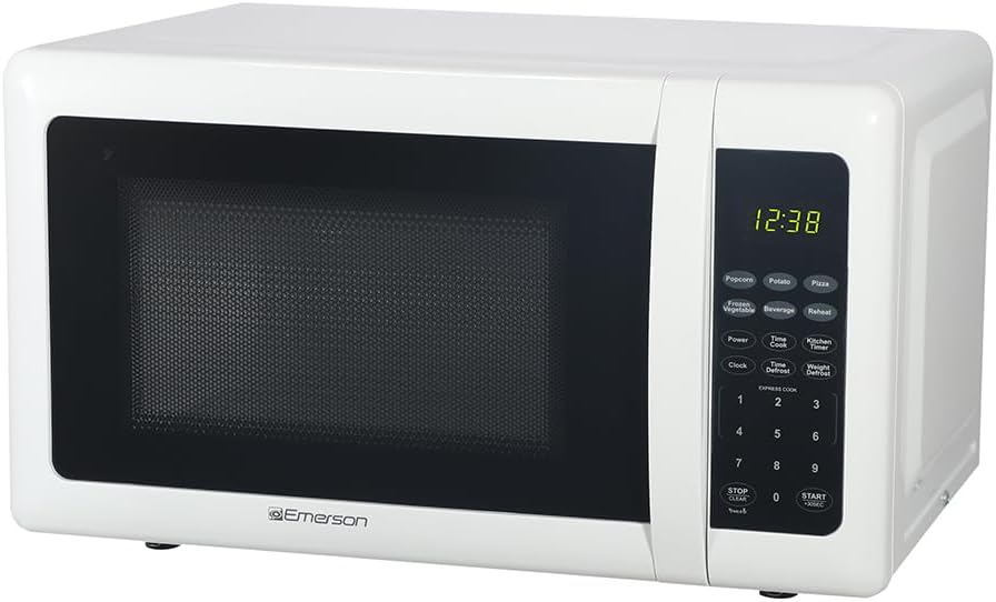 Emerson MW7302W Compact Countertop Microwave Oven with Touch Control, LED Display, 700W, 10 Power Levels, 6 Auto Menus, Glass Turntable and Child Safe Lock, 0.7 Cu., Ft. White
