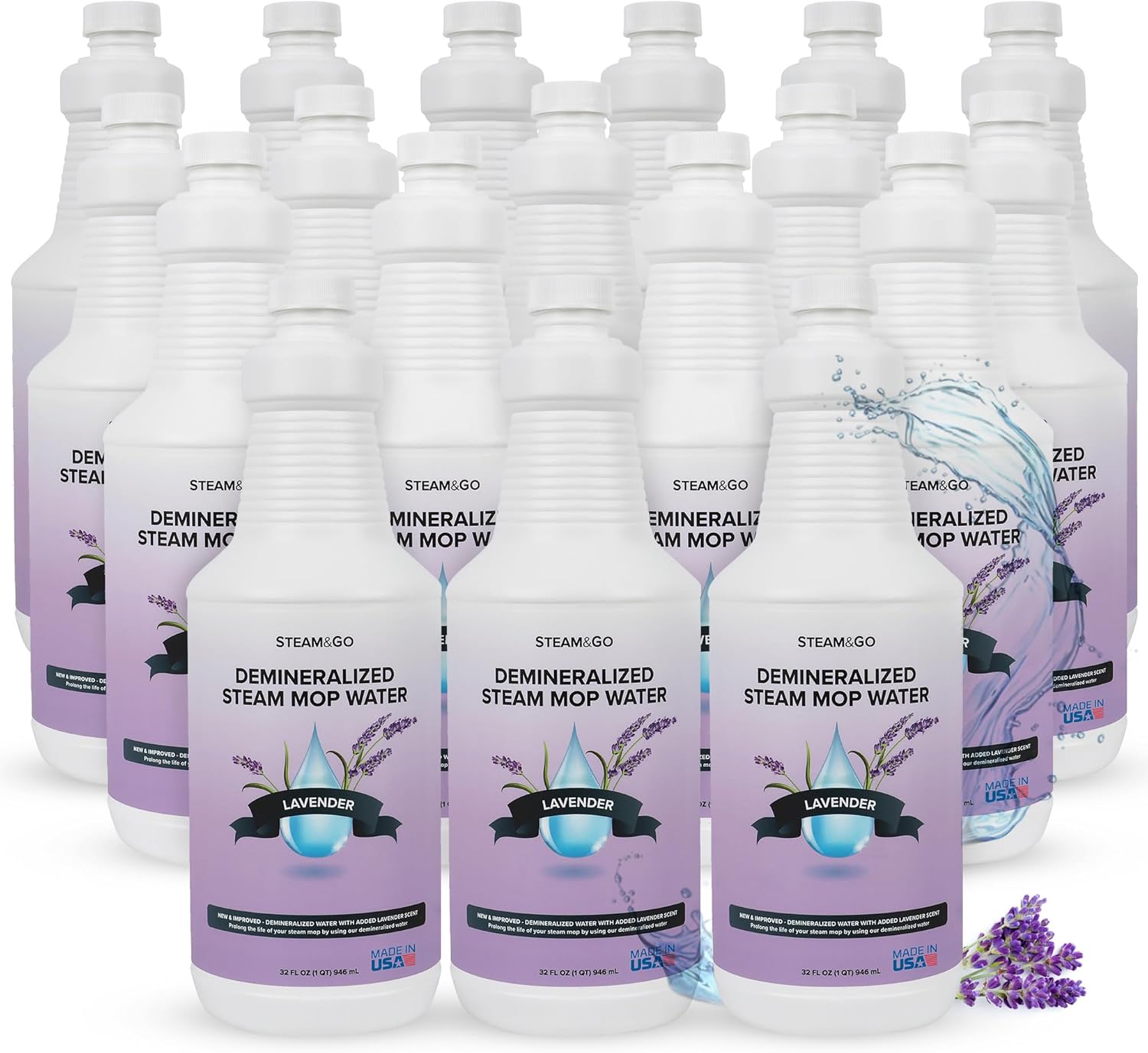 Steam & Go Demineralized Water for Steam Cleaner - PVC-Free Floor Cleaning Solution Compatible for All Steam Mops - Multi-Surface Cleaner for Home Surfaces - Lavender Scent, 32 oz (Pack of 18)