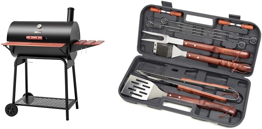 Royal Gourmet CC1830V 30 Barrel Charcoal Grill & Cuisinart CGS-W13 Wooden Handle Tool Set, Black, Deluxe Pizza Grilling Pack (13-Piece)