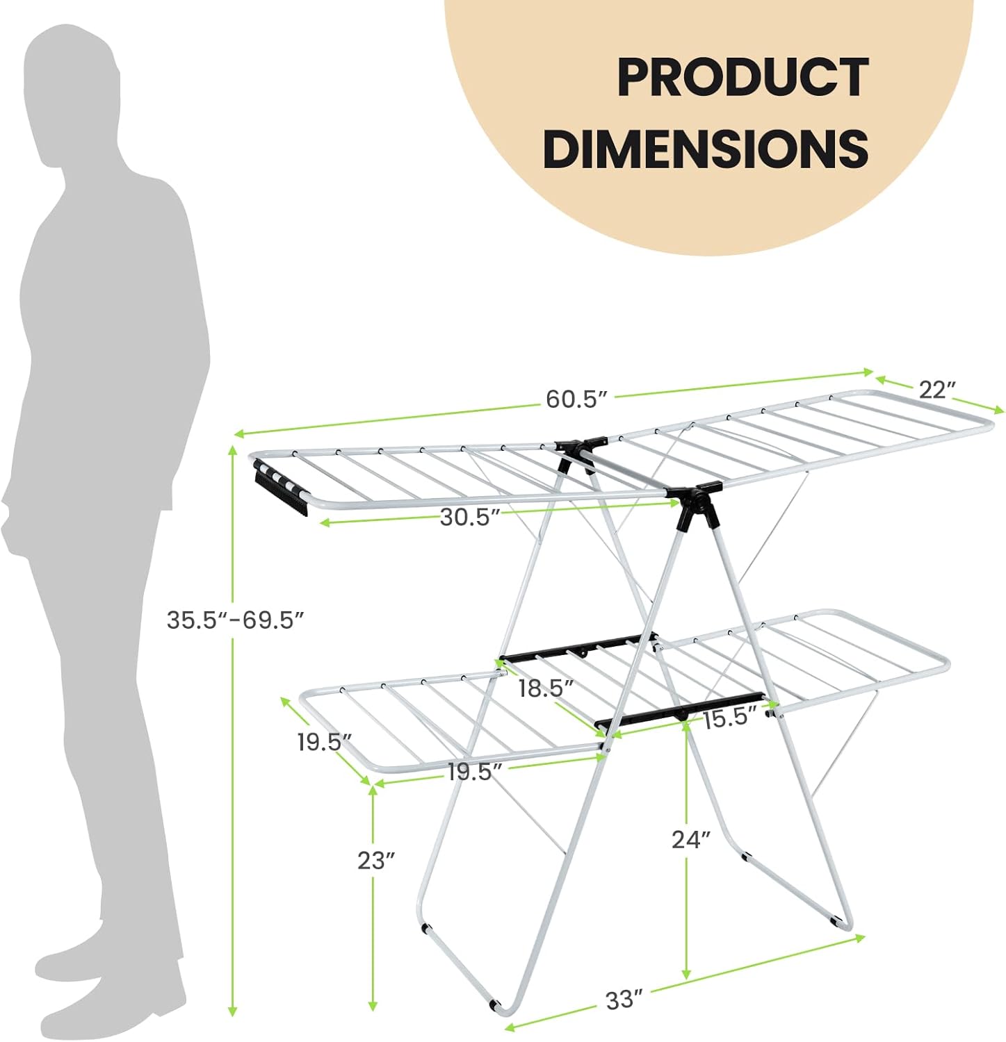 COSTWAY Clothes Drying Rack, Foldable 2-Level Laundry Drying Rack w/Height-Adjustable Wings, 33 Drying Rails & Sock Clips, Standing Large Drying Rack for Clothing, Indoor Outdoor Use