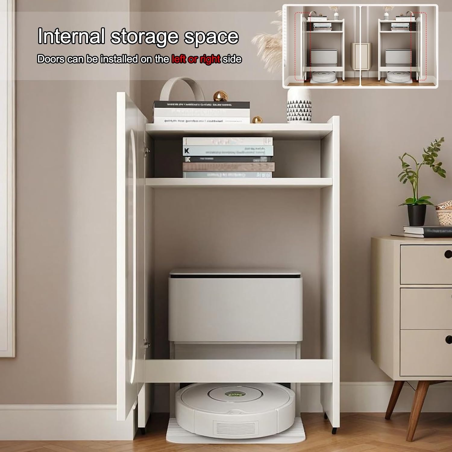 Storage Cabinet with Door for Robot Vacuum, Robot Vacuum Hiding Cabinet, with Wheels Household End Side Table, Wood Organizer Stand for Living Room, Home Office(Champagne)