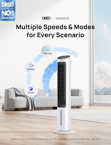 Dreo Evaporative Air Cooler, 40” Standing Bladeless Cooling Fan for Bedroom, 80° Oscillating Fans that Blow Cold Air, Swamp Cooler, Removable Water Tank, Ice Pack, 3 Mode 4-Speed, White and Black