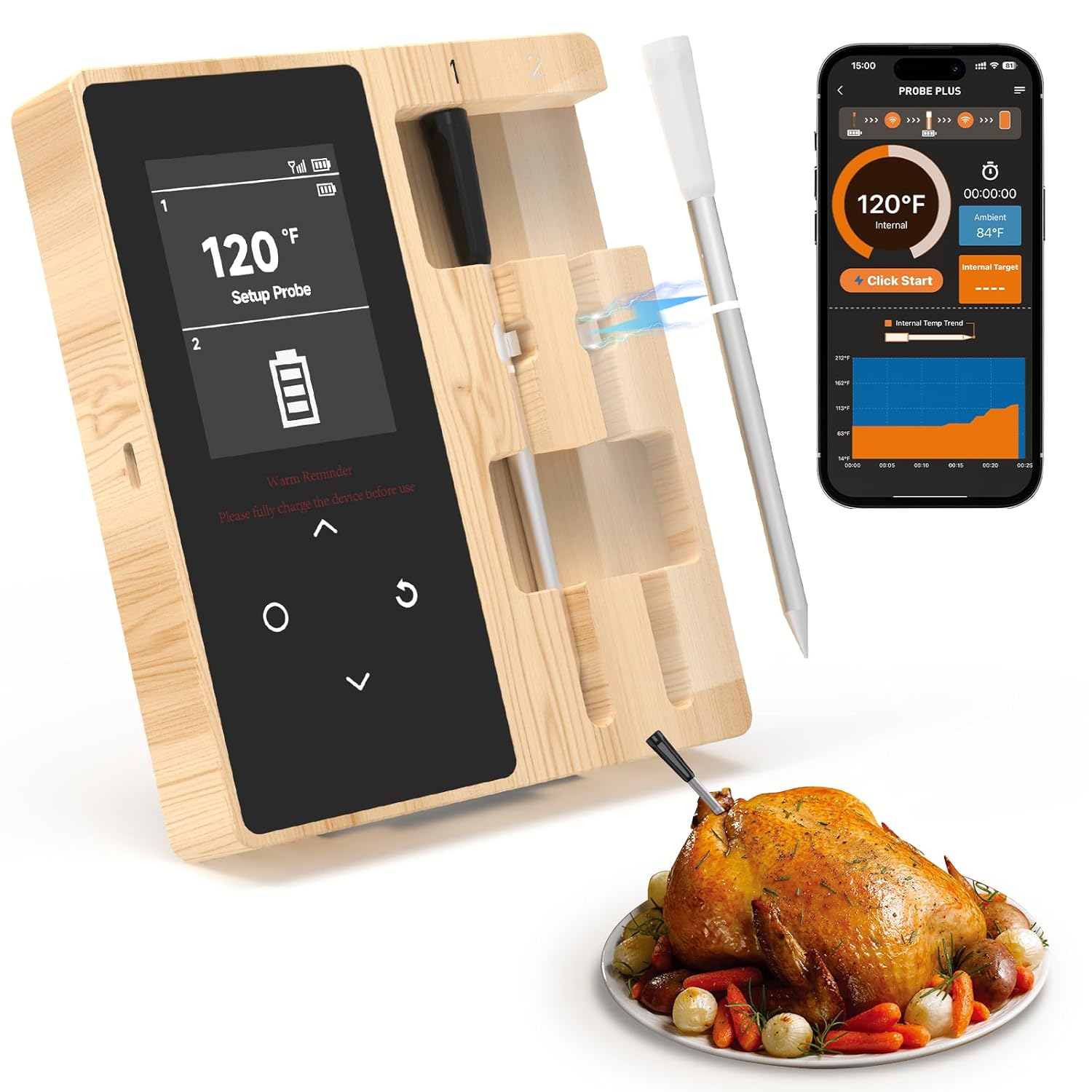 Smart Wireless Meat Thermometer with 2 Color-Coded Probes,Standalone Display Base, Accuracy ±1°F，Digital Bluetooth Thermometer for Cooking, Oven, Smoker, BBQ, Grill Real-Time Monitoring in App