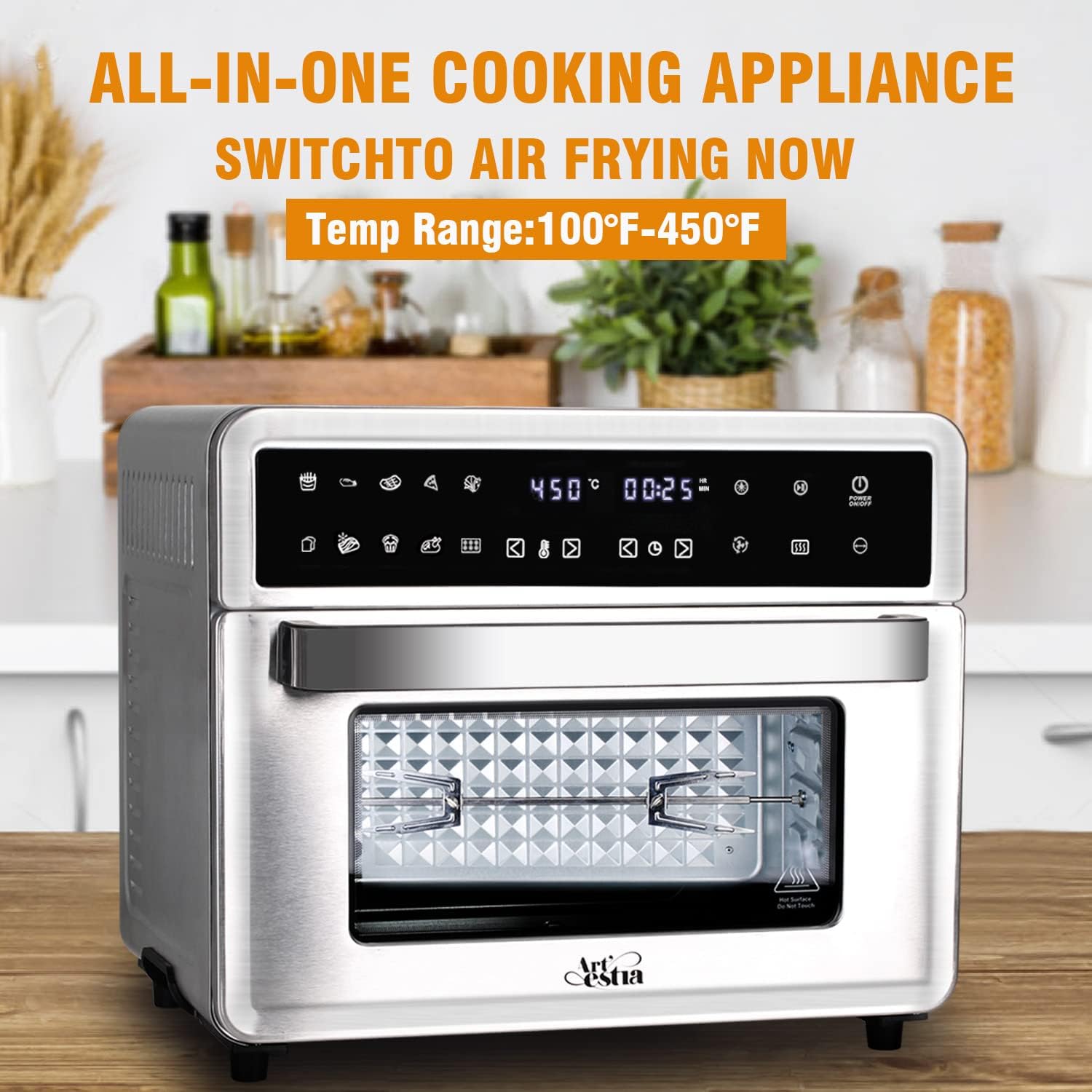 Artestia 26.4-QT Large Toaster Oven 10 IN 1 Air Fryer Digital Convection Countertop Ovens with Dehydrate and Reheat, Multifunction Toaster Oven Air Fryer Combo, 7 Accessories, 1800W