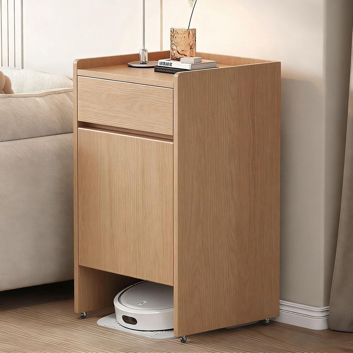 Vacuum Hidden Cabinet for Sweeping Robots, Sweeping Robot Storage Rack, Storage Cabinet with Doors and Drawers for Robot Vacuum Cleaner, for Living Room/Bedroom/Kitchen(Natural)