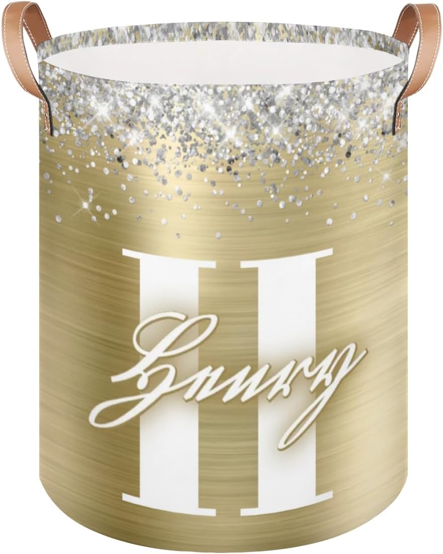 Custom Letter Collapsible Laundry Basket for Dirty Clothes, Large Laundry Hamper with Leather Handle Lightweight Gold Foil