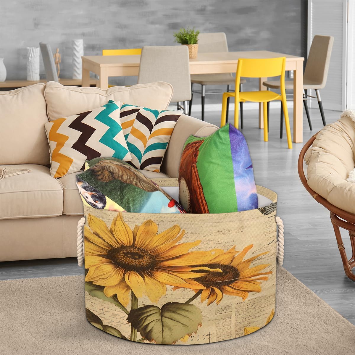 Vintage Style Bee Sunflower Round Storage Basket Laundry Hamper Collapsible Laundry Basket with Handles Large Canvas Storage Bin for Clothes Toys Nursery Bedroom Closet Organizer