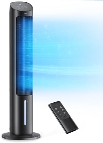 Dreo Portable Air Conditioners Fan, 40” Standing Fans that Blow Cold Air, Portable AC，80° Oscillating Evaporative Air Cooler，Removable Water Tank, Ice Packs, Remote Control, 4 Speeds, 7H Timer, Black