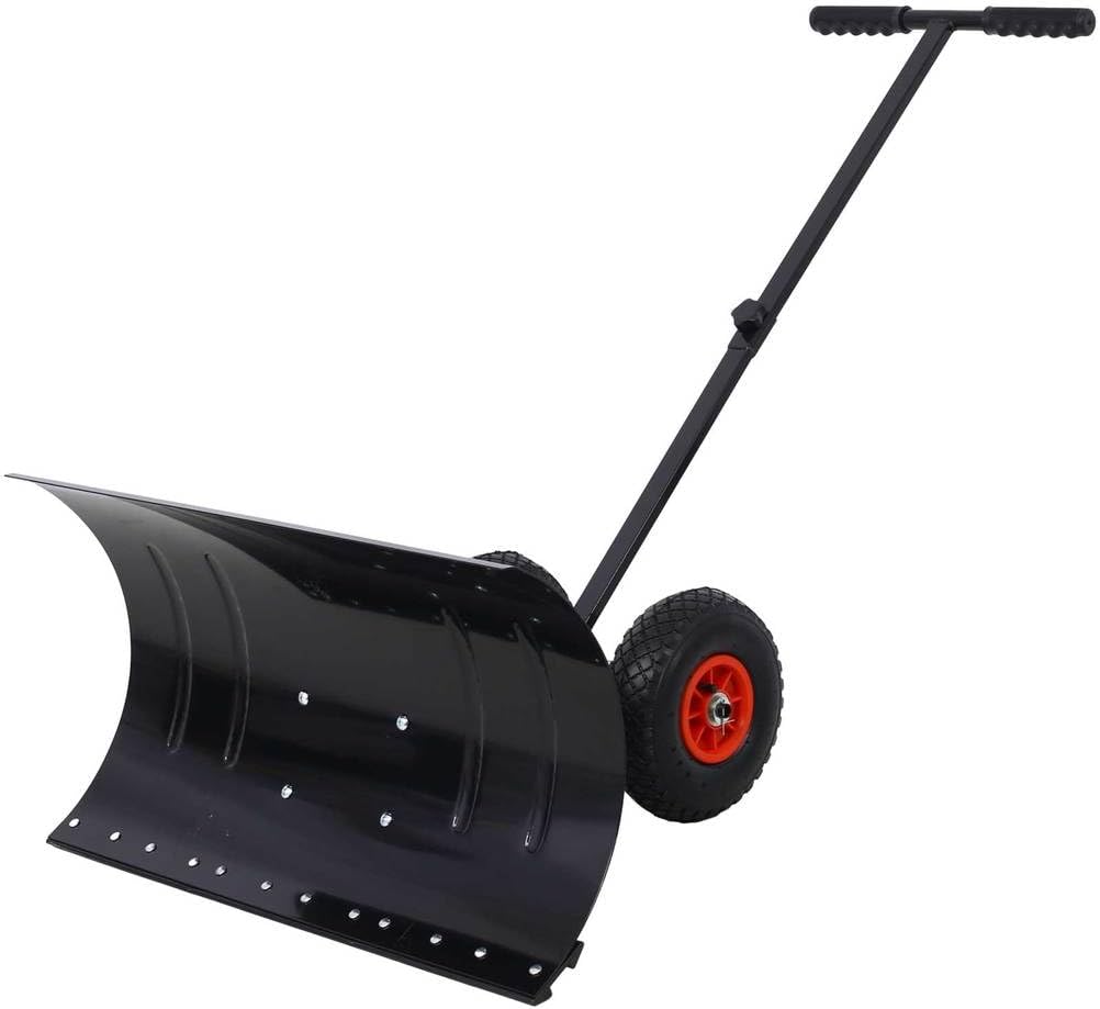 29-Inch Snow Pusher Shovel with Wheels, Heavy Duty Snow Removal Tool for Driveways and Sidewalks, Adjustable Angled Blade and Cushioned Handle for Ergonomic Snow Clearing,Black