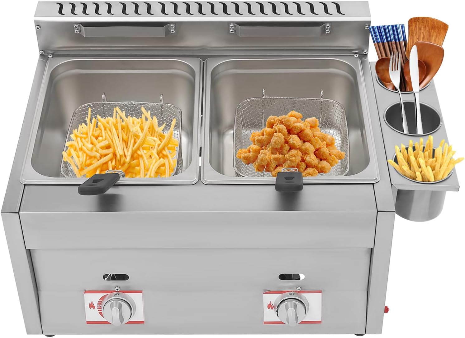 LYNICESHOP Stainless Steel Countertop Gas Fryer, Commercial LPG Gas Deep Fryer with 2 Basket Propane LPG Oil Frying Pot Kitchen Frying Machine Snack Fryer For French Fries Restaurant Home Kitchen