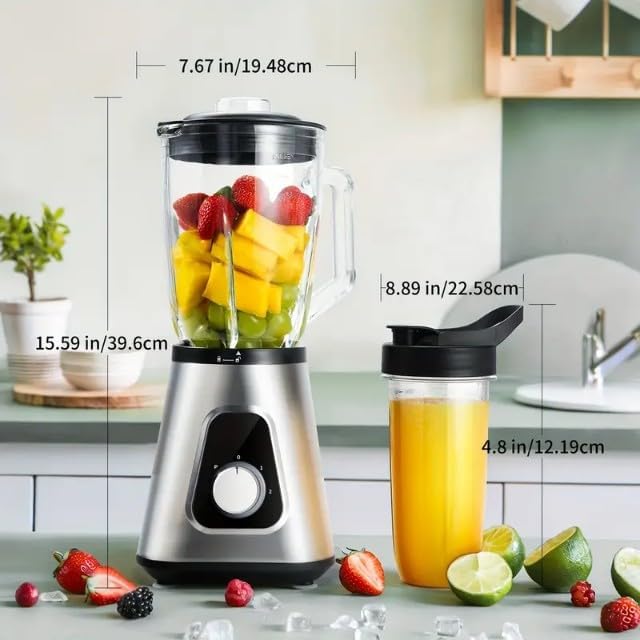 Professional Countertop Blender with Glass Jar, 2 Interchangeable Blades, Variable Speed Control, Silver