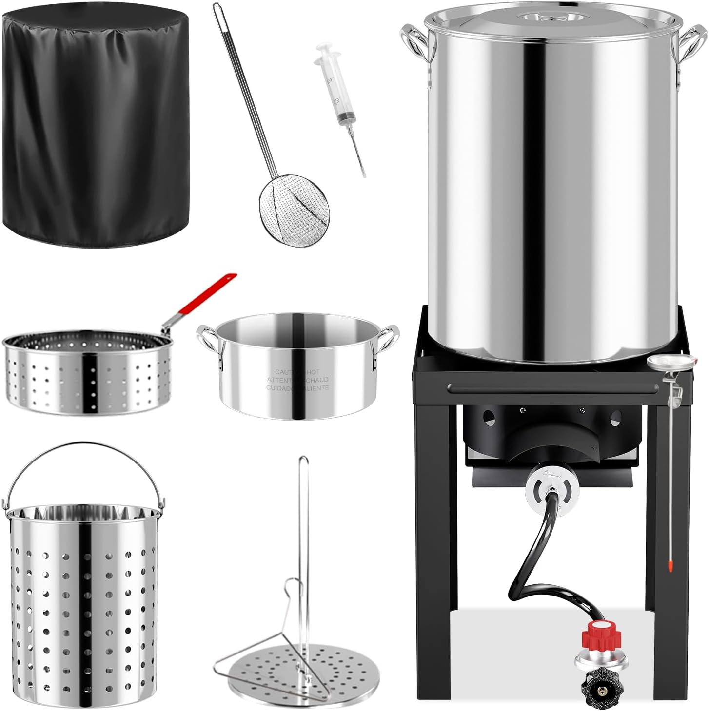 Outdoor Turkey Fryer Kit with Dust Cover | 30 & 10QT Pots | Stainless Steel | Deep Fryers with Basket and Burner | Propane Stove | 50,000BTU Output | 12-inch Skimmer | Ideal for Cooking Turkey & Fish