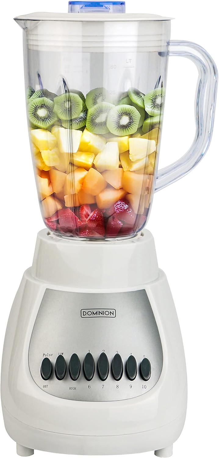 Dominion D4001WP Countertop Blender with 48oz Plastic Jar, 10-Speed Settings, Pulse Function, Sharp Stainless Steel Blade, White