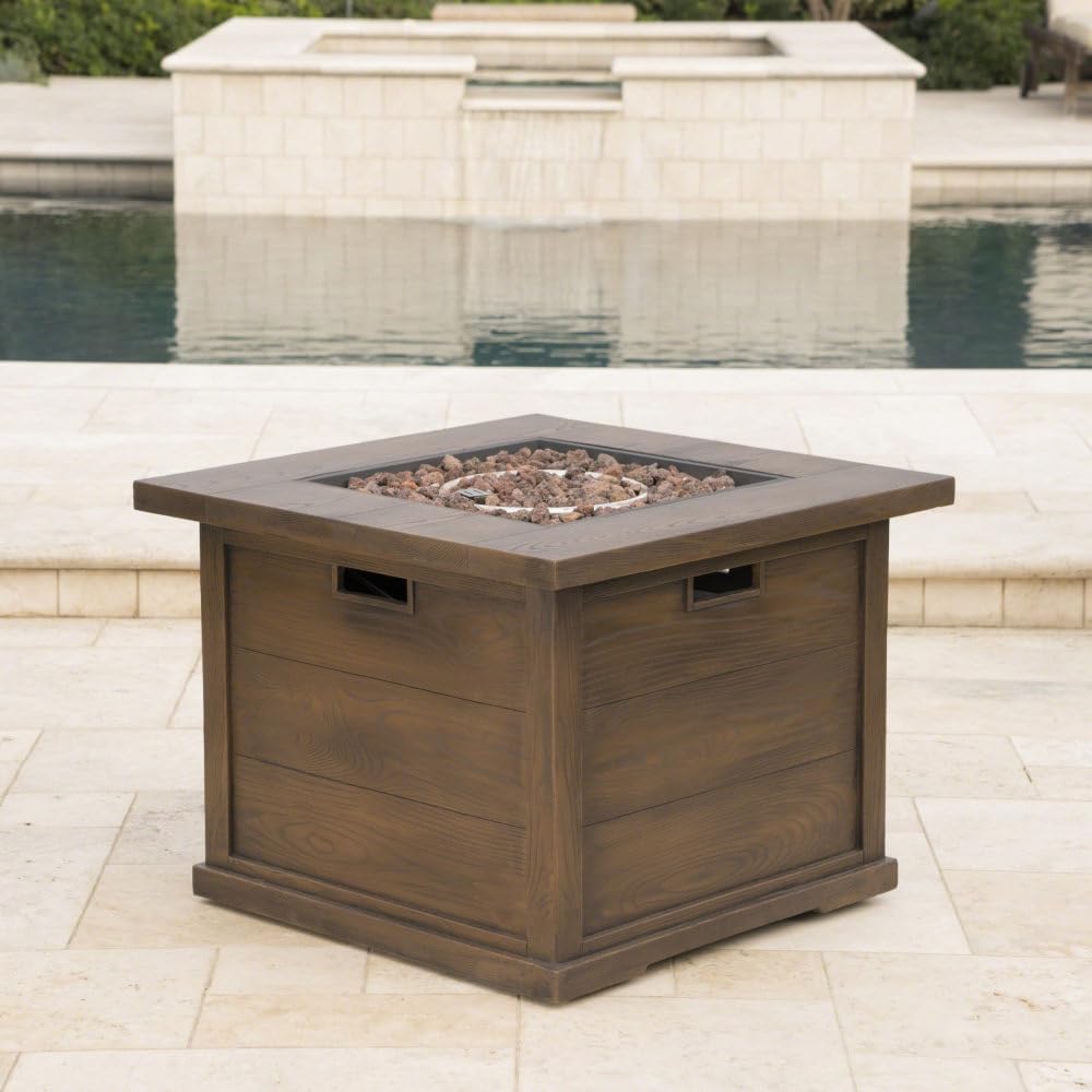 Stylish Square Outdoor Gas Fire Pit Table for Patio and Backyard Use with Built-in Propane Tank Storage and Rustic Wood-Finish Design