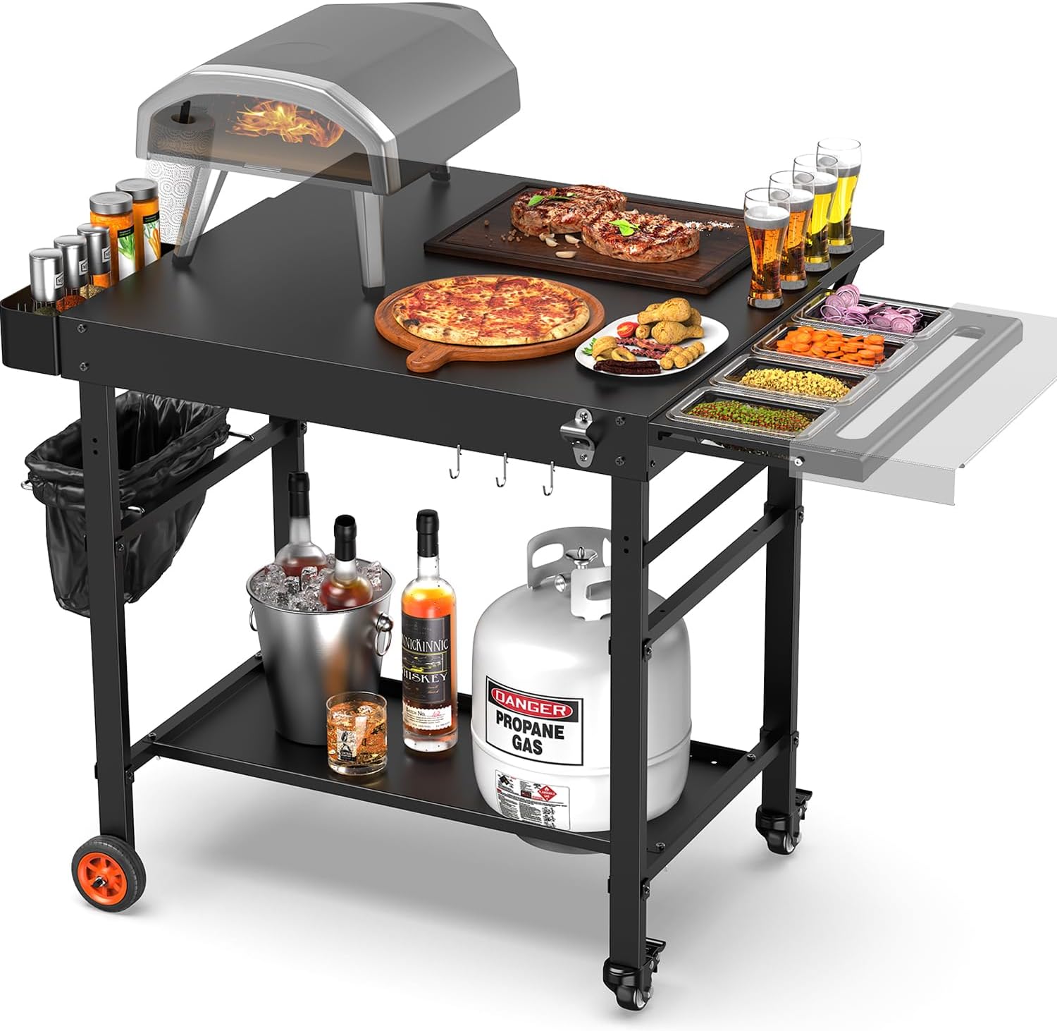 Grill Table for Oon Pizza Oven Accessories, Ninja Pizza Oven Table with Extendable Desk - Fit Gozney, Solo Stove, Durable Outdoor Grill Cart Stand with Food Prep Topping Station for Backyard