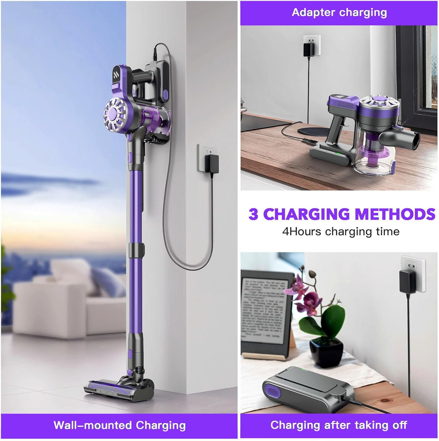 Cordless Vacuum Cleaner,Vacuum Cleaners for Home with Super Suction,Lightweight Stick Vacuum with 35 Mins Runtime,Rechargeable Cordless Vacuum for Carpet, Tile, Pet Hair, Hardwood Floors(Dark Purple)