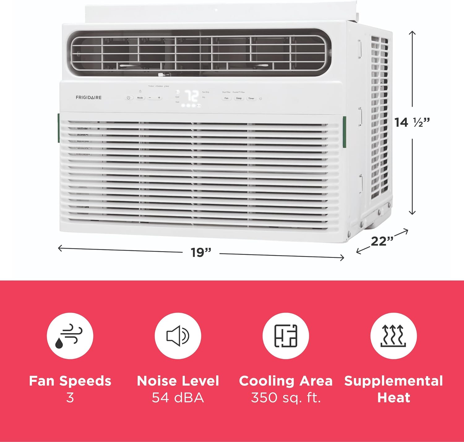 Frigidaire 12,000 BTU Window Air Conditioner with Supplemental Heat, Cools & Heats Up to 550 Sq. Ft., Remote Control, Quiet Operation, Eco Mode, 3 Fan Speeds, White