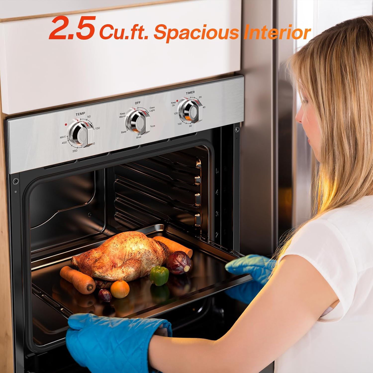 Empava Built-In Electric Single Wall Oven 24 inch, 2.5 Cu. ft. Capacity 4 Cooking Modes, Knob Control, 2950 Watts, Stainless Steel