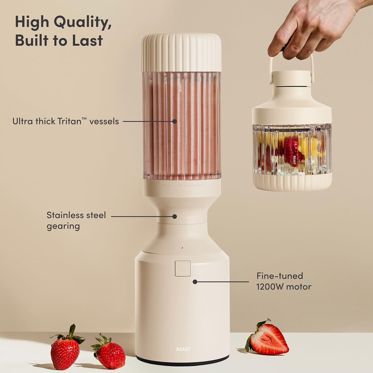 Beast Mega 1200 Plus | Premium Countertop Blender | Smoothies, Shakes, Sauces, Dips, Soups | Blends Ice and Frozen Fruit | XL Vessel | With Extra Vessels, Straw System | 1200W | (Sand, 120V)