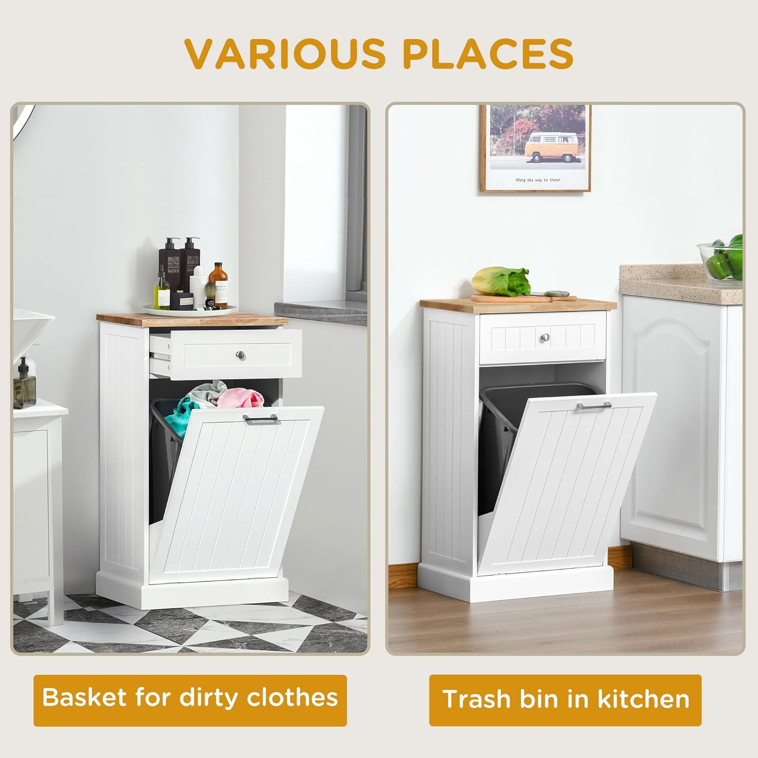 Kitchen Tilt-Out Trash Bin Cabinet Free-Standing Recycling Cabinet with Drawer White - Pet-Safe Anti-Tip, Oak Top MDF, Multiuse Laundry Hamper and Appliance Stand