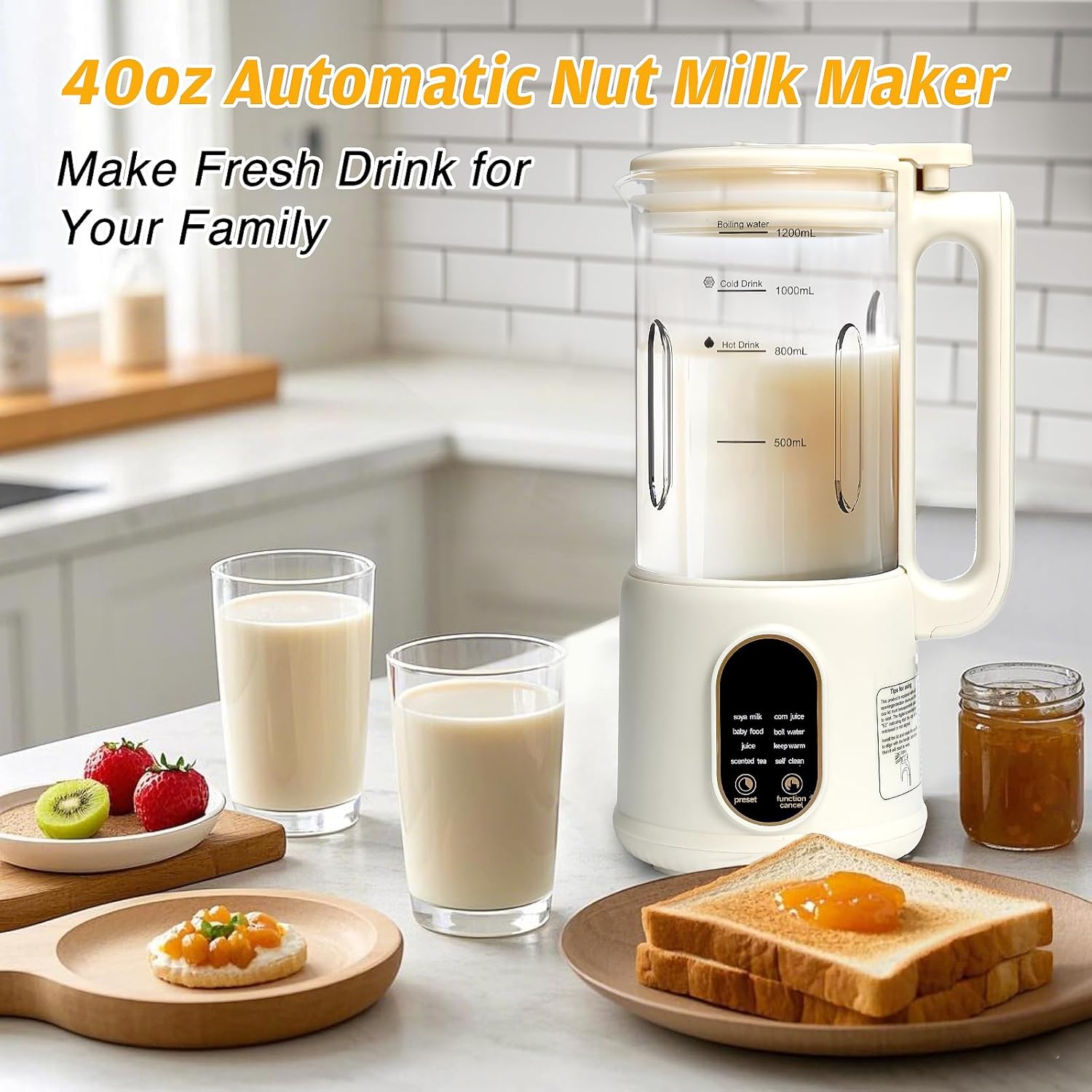 9 in 1 Nut Milk Maker Machine，40oz(1200ml) Automatic Soy Milk Maker Blender for Homemade Oat,Coconut,Plant-Based Milk and Non-Dairy Beverages with Delay Start/Keep Warm/Boil Water