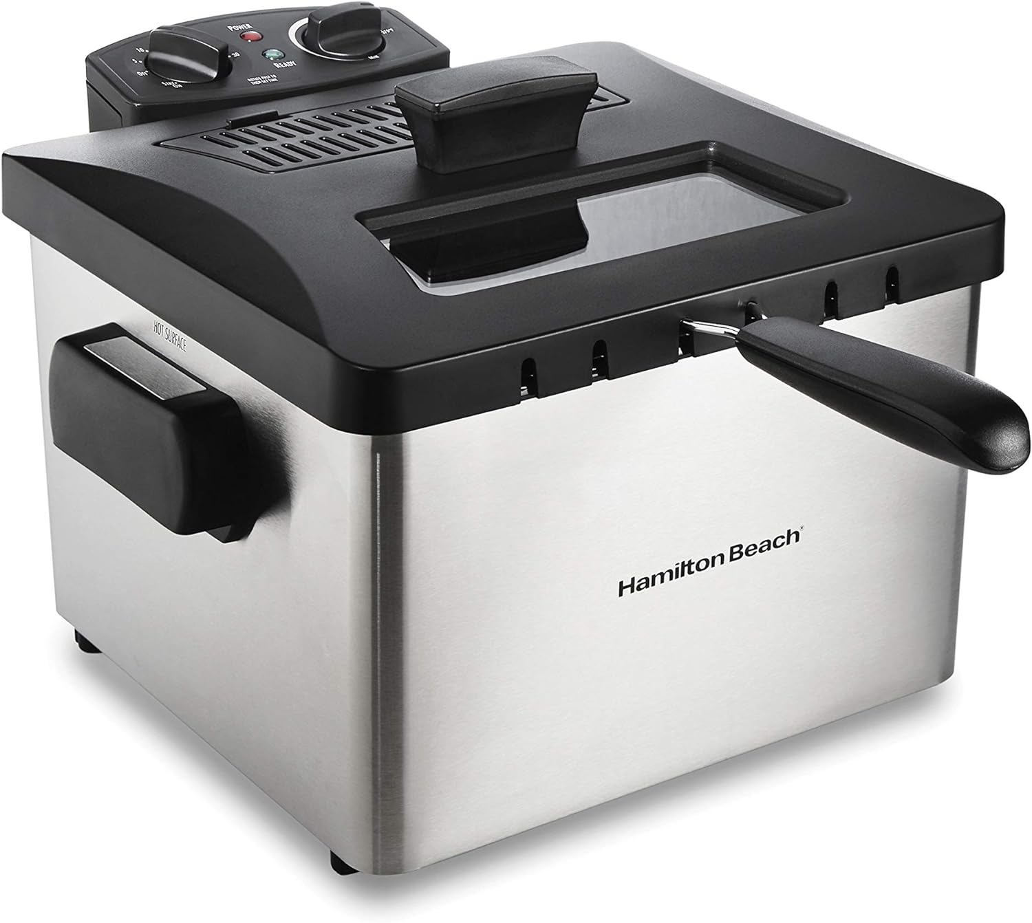 Hamilton Beach Electric Deep Fryer with Basket and Lid, 4.5 Liters / 19 Cups Oil Capacity, Temperature Control, View Window, Professional Style, 1800 Watts, Stainless Steel (35035A)