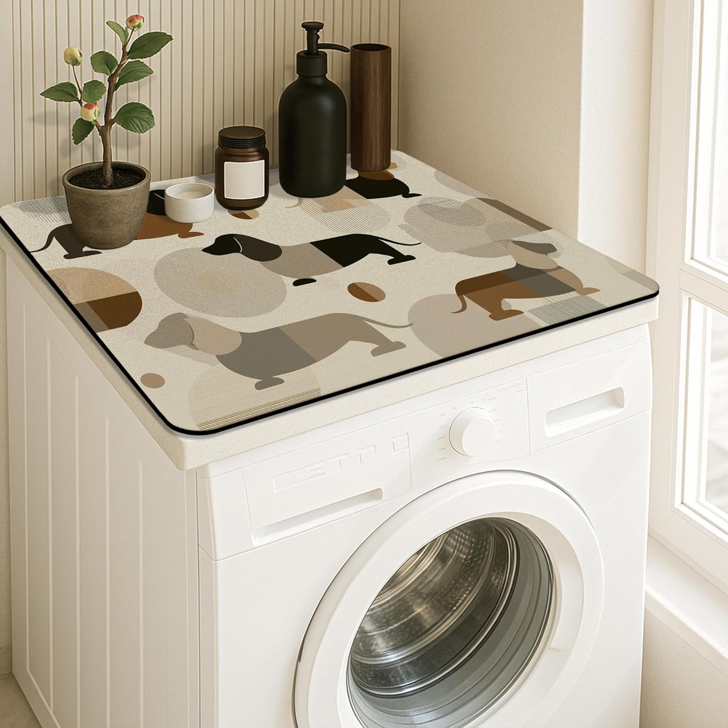 Dachshund Washer Dryer Top Protector Mat, Retro Geometric Dog Print Laundry Machine Dust Top Covers, Modern Rubber Anti-slip Waterproof Washer And Dryer Mats for Laundry Room 24x24 Inch
