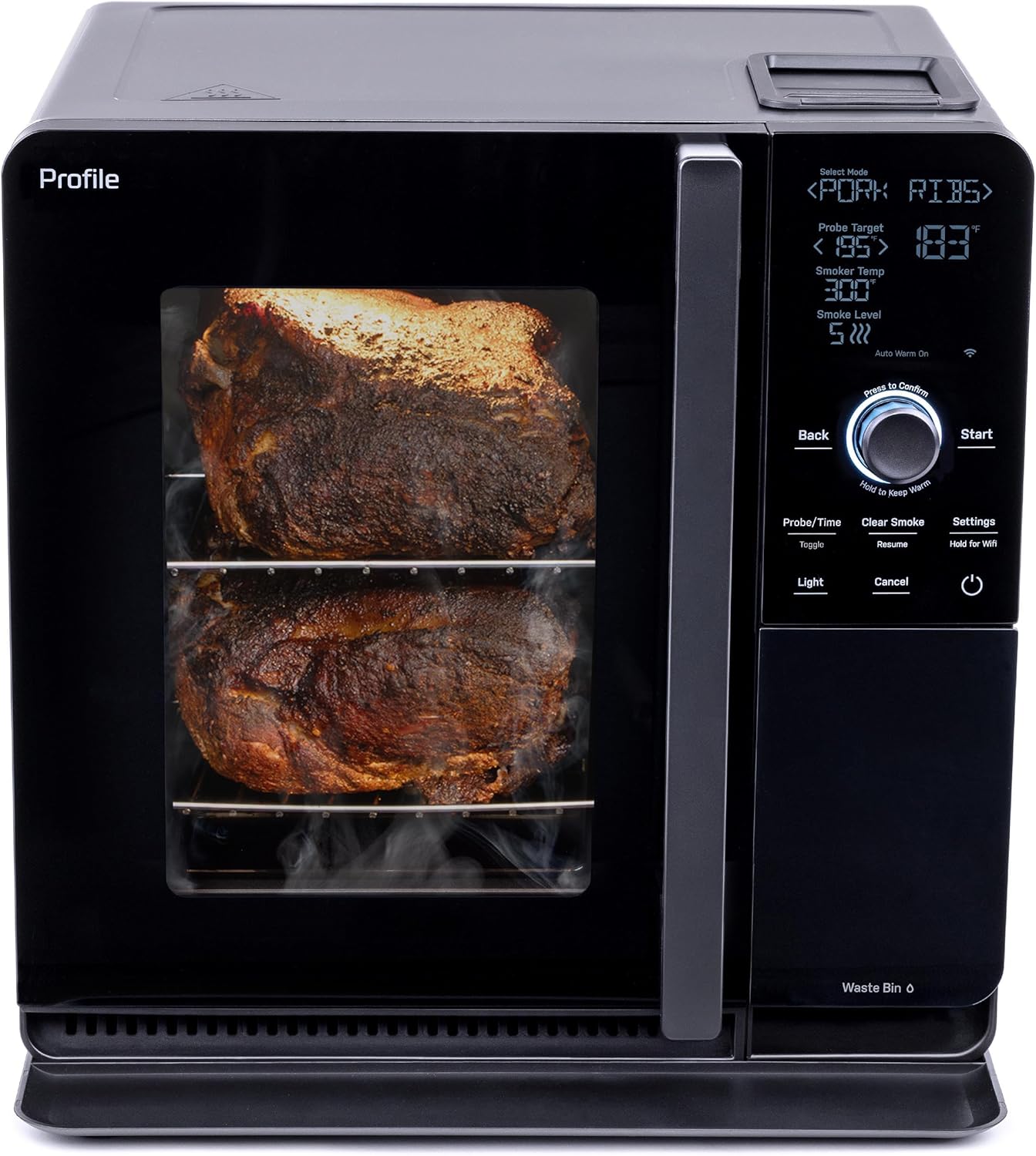 GE Profile™ Smart Indoor Pellet Smoker, with Active Smoke Filtration, 5 Smoke Control Settings, WiFi Connected, Electric, Countertop BBQ Appliance, Black