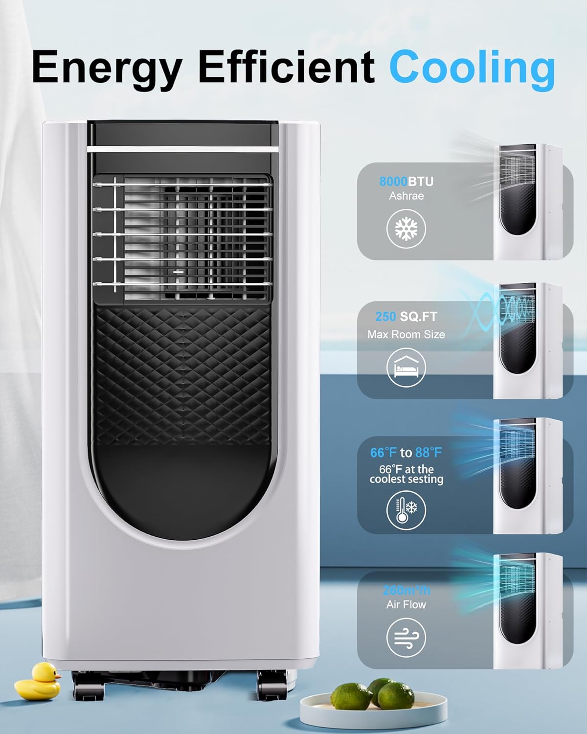 8,000 BTU Portable Air Conditioners, 4 Modes Portable AC Unit with Fast Cooling/Energy Efficient/Remote/24Hrs Timer for Bedroom/Dorms/Indoor Rooms, White