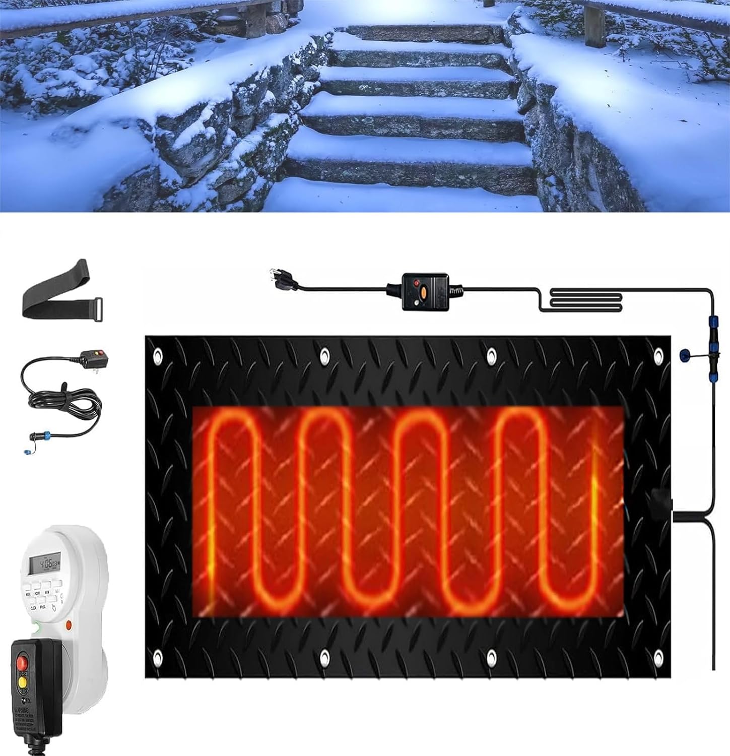 Heated Snow Melting Mats with Timer, 1/2/3/4/5 Pcs Outdoor Slip Proof Ice Heated Rubber Mat for Driveway Walkway Decks and Sidewalks Connection for Winter Stairs(1 Pcs,12x36in/(30x90cm))