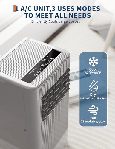8,000 BTUs Portable Air Conditioner, Portable AC Unit 4 Modes with Cool, Fan, Dehumidifier, Sleep Mode, Cools up to 350 Sq. Ft, Full Set Installation Kit, for Bedrooms Offices Use, Black&Grey Cover