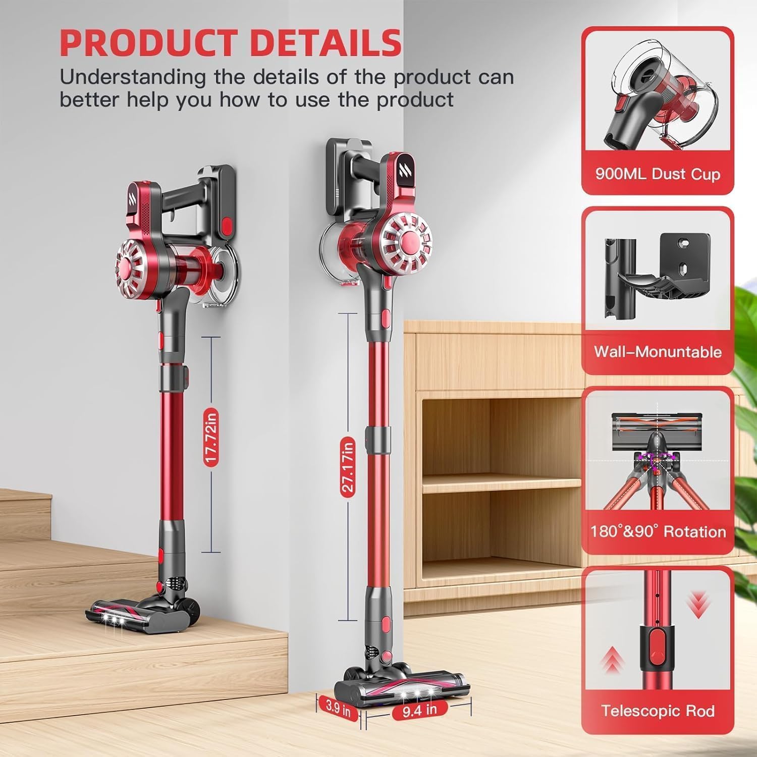 Cordless Vacuum Cleaner for Home, Lightweight Stick Vacuum Cordless Rechargeable with Power Suction, Up to 35 Mins Runtime, Hardwood Floor Vacuum for Pet Hair, Carpets, Tile(Black Red)